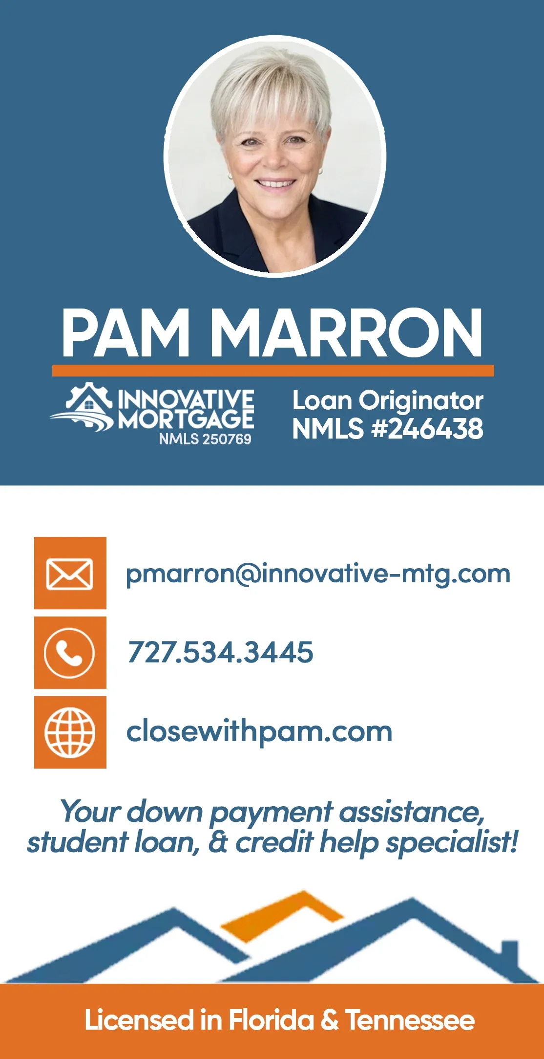 Pam Marron mortgage services business card